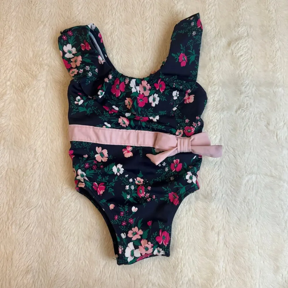 Janie Jack Swimsuit One Piece Navy Blue Pink Ruffle Bow Baby Girl 6-12 Months